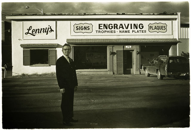 At the engraving shop on Third Street.   Favorite photo of my father.